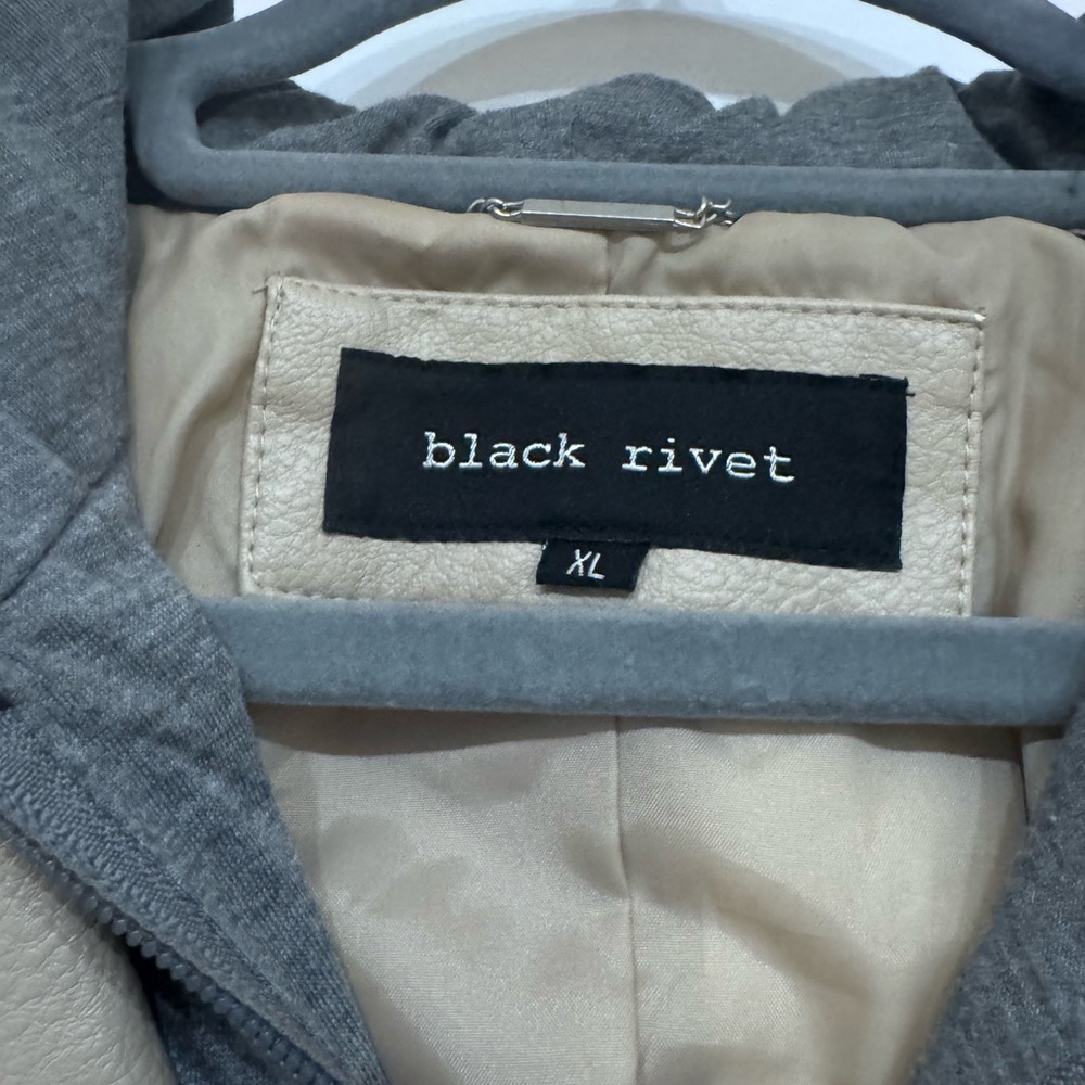 Black Rivet Taupe faux Leather Moto Jacket with Removable Dark Gray Hoodie - Picture 3 of 4